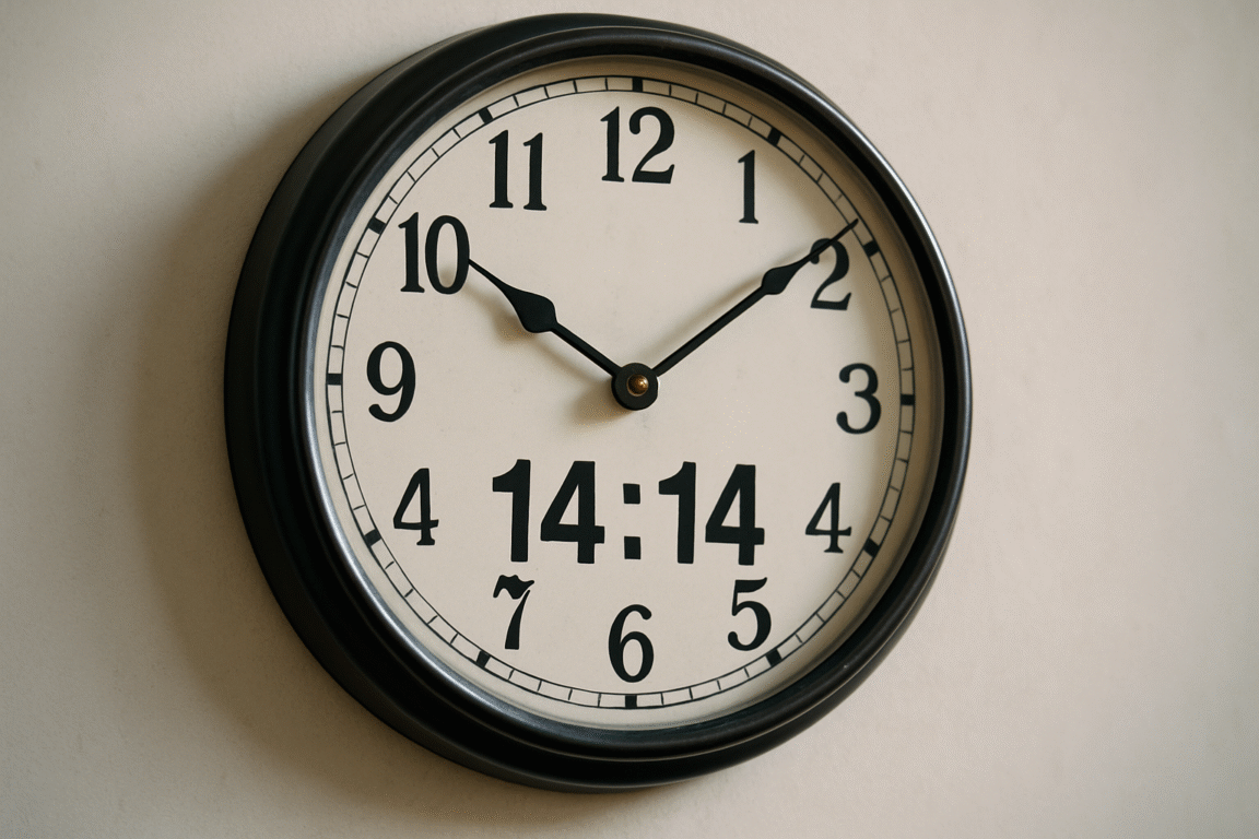 Molti interpretano l’ora doppia 14:14 come un segno del destino che segnala un cambiamento o una svolta imminente nella propria vita.