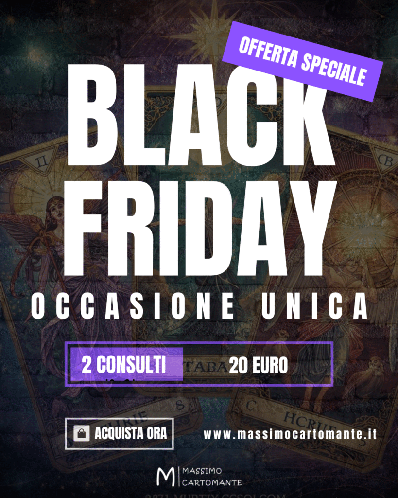 Approfitta della nostra promozione Black Friday: solo per pochi giorni puoi ricevere 2 consulti di cartomanzia al prezzo speciale di 20 €. Scopri cosa ti riservano le carte, lascia che l’intuizione guidata dal rituale ti mostri la via. Offerta valida fino ad esaurimento posti!